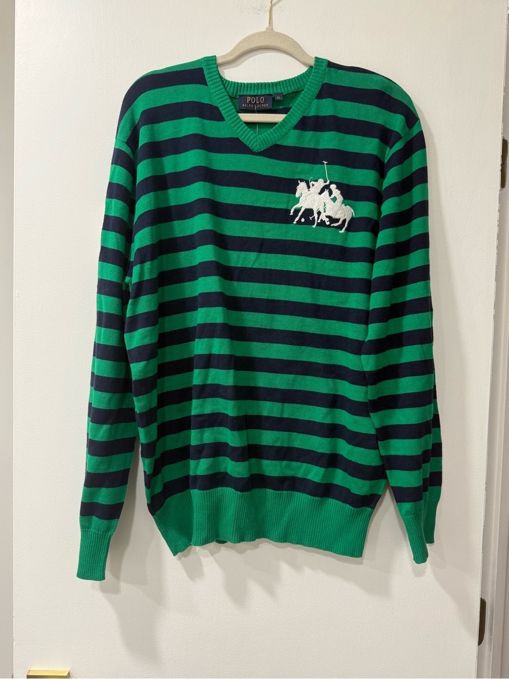 Vintage Polo by Ralph Lauren Green & Navy Striped V-Neck Sweater